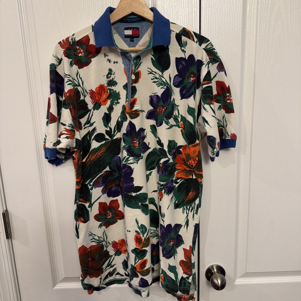 Vtg Y2K Tommy Hilfiger Mens Polo Golf Shirt Bright Colorful Floral Print Size S